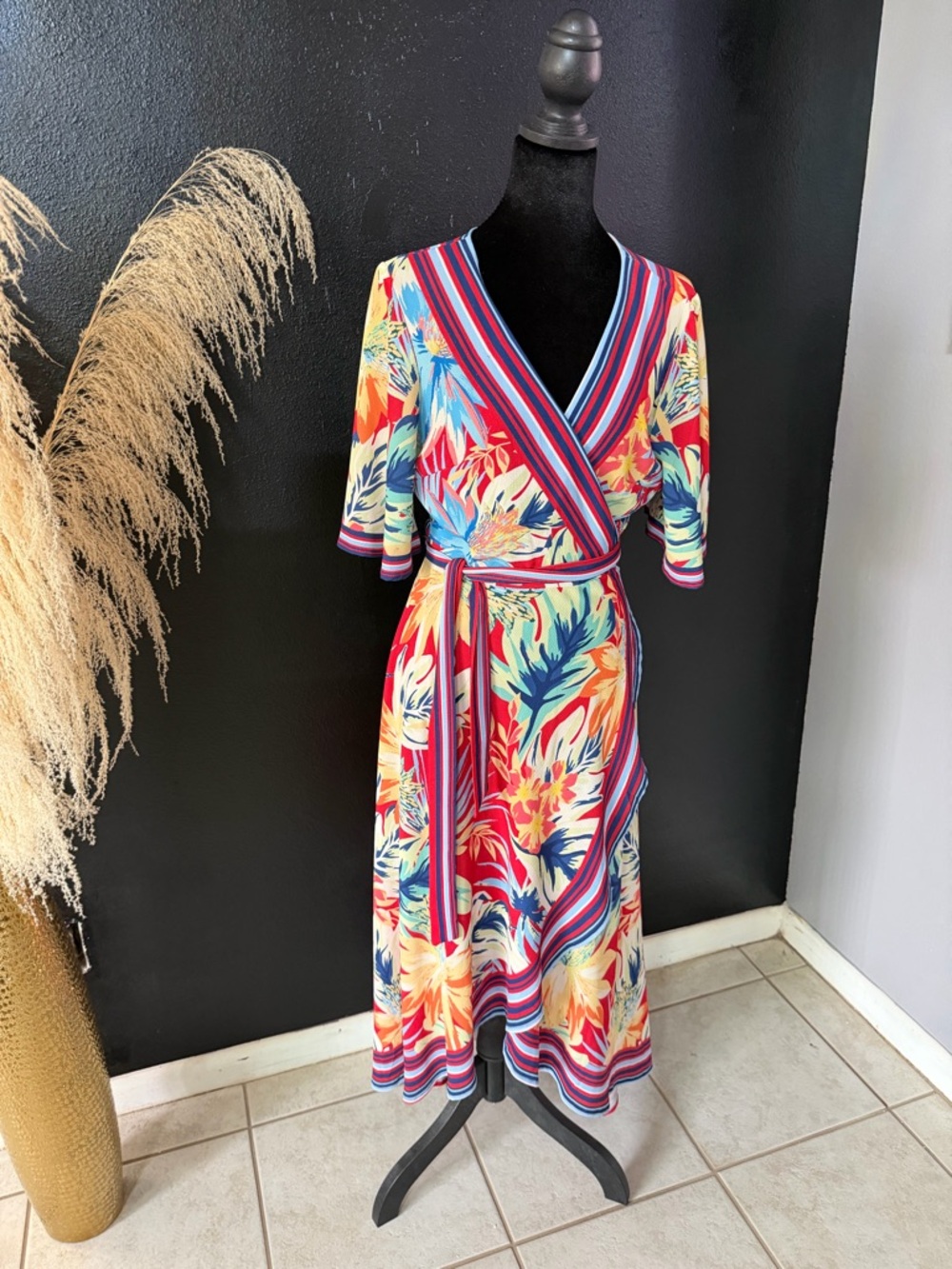 Jealous Tomato Red Floral Wrap Maxi Dress with Blue and Yellow Accents